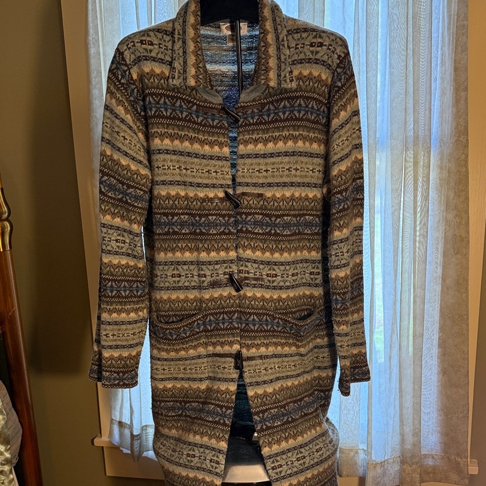 Talbots Striped Toggle Duster in Blue and Tan Tones